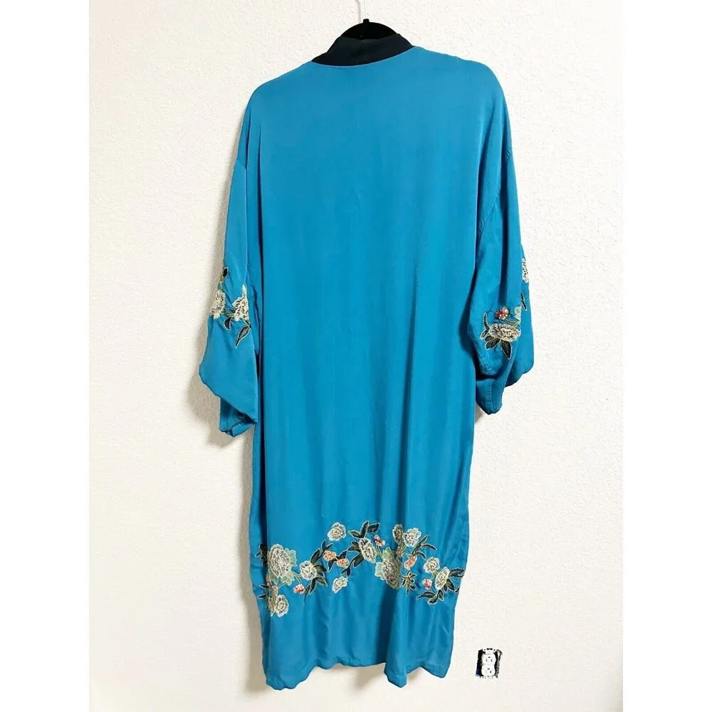 Free People Floral Embroidered Kimono Open Front Long‎ Sleeve Turquoise Small - Picture 4 of 7